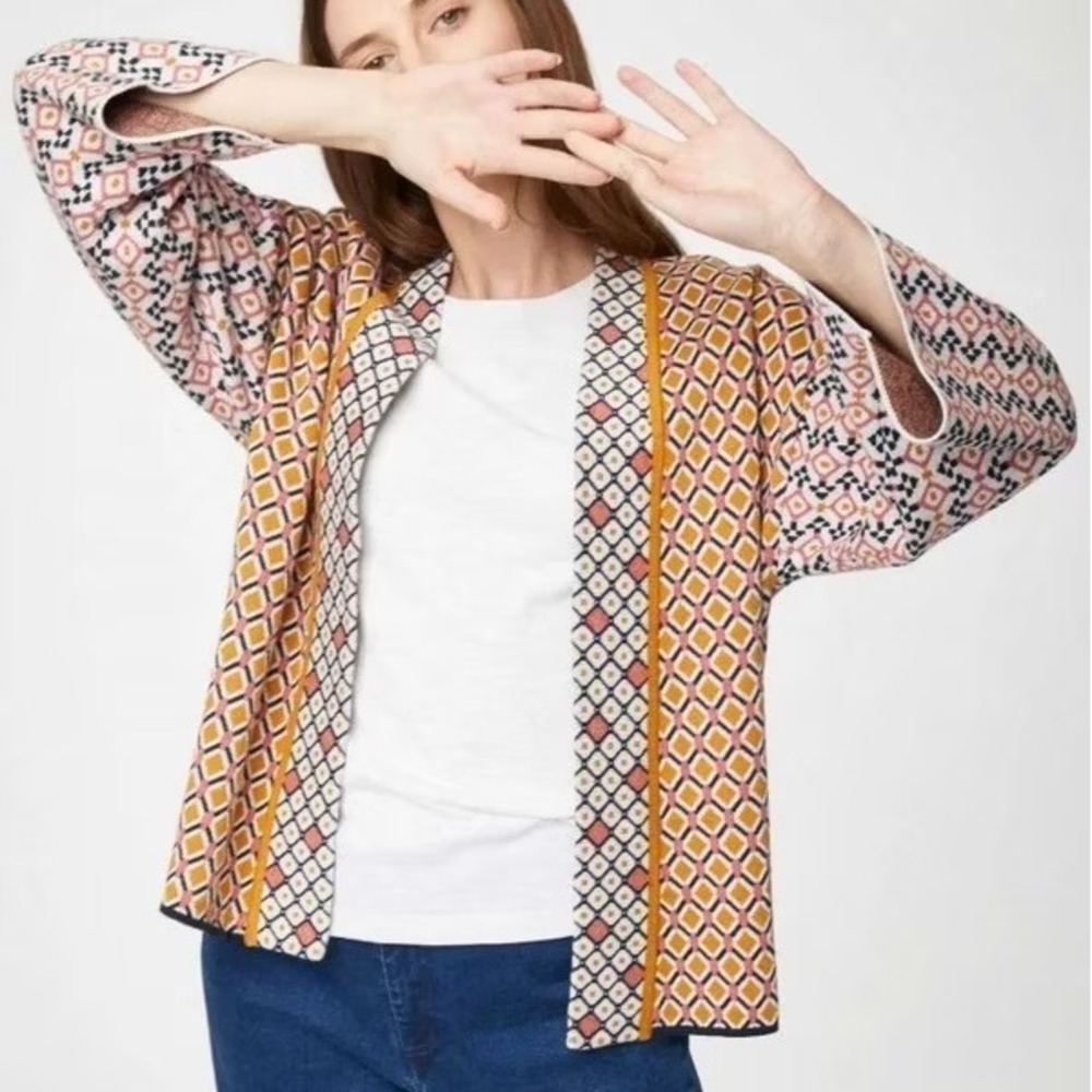 Thought Anthropologie Ida Jacquard Organic Cotton Wool Knit Open Front Cardigan